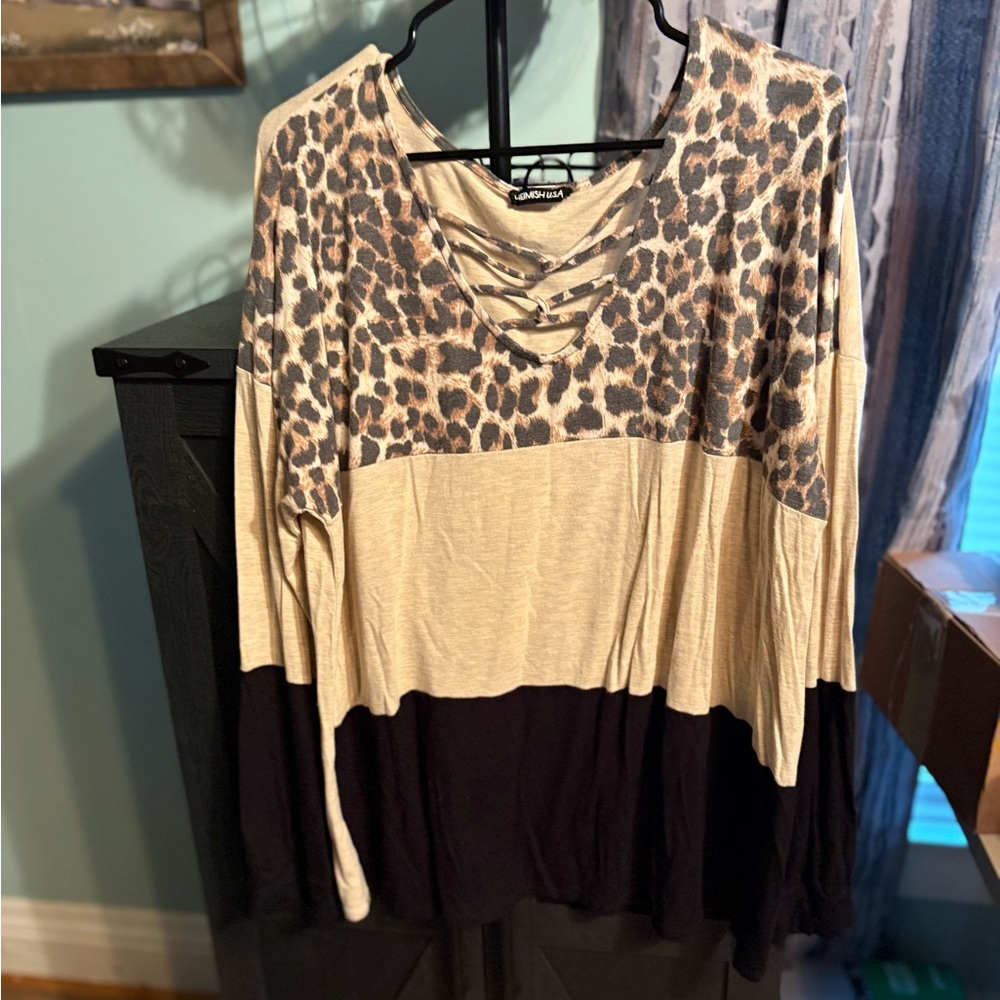 HEIMISH USA Leopard Print Colorblock Blouse